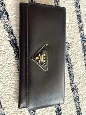Prada Black Saffiano Leather Clutch with Gold Triangle Logo